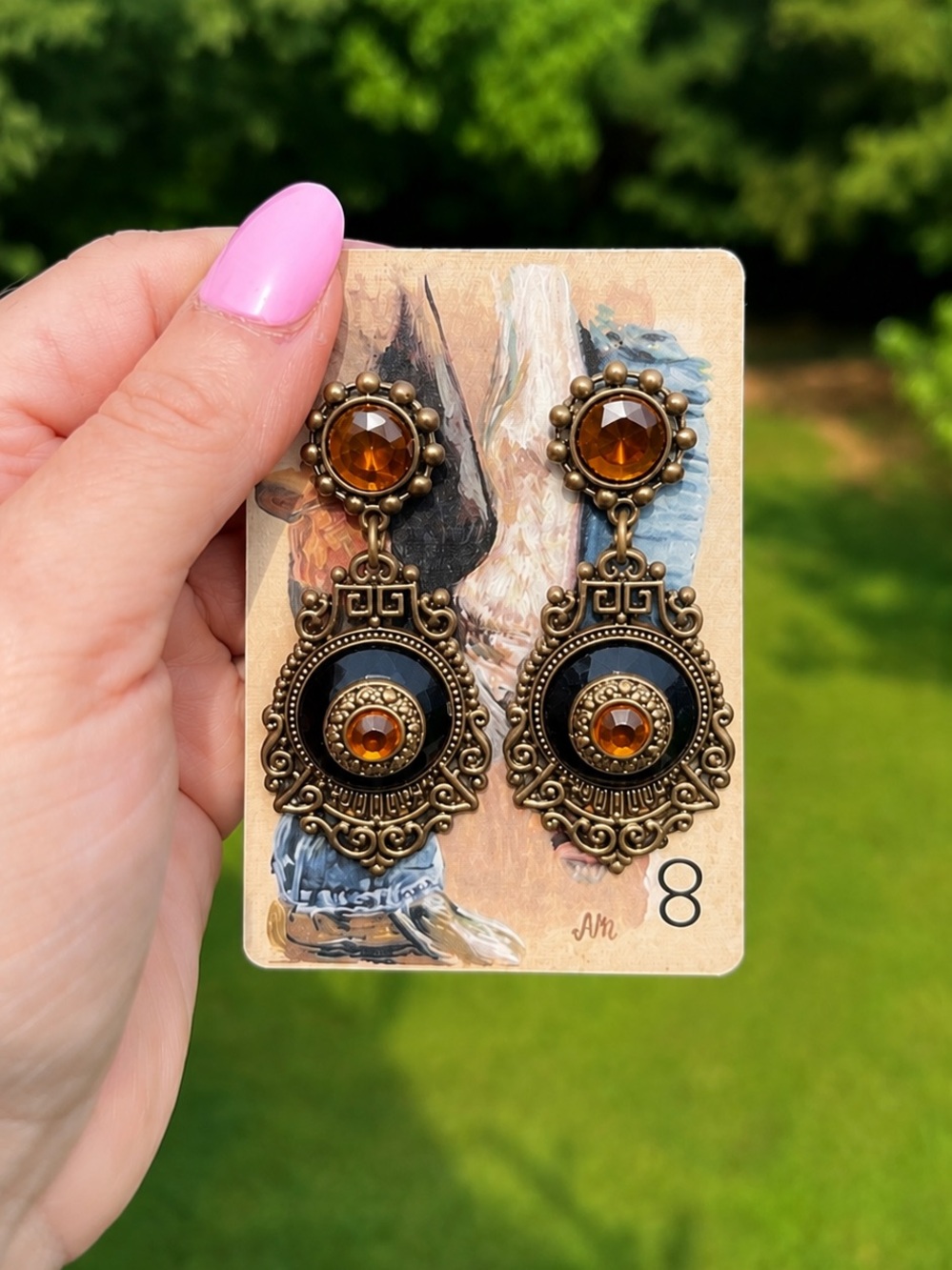 Lightweight Amber & Black Filigree Statement Earrings Boho Vintage Style